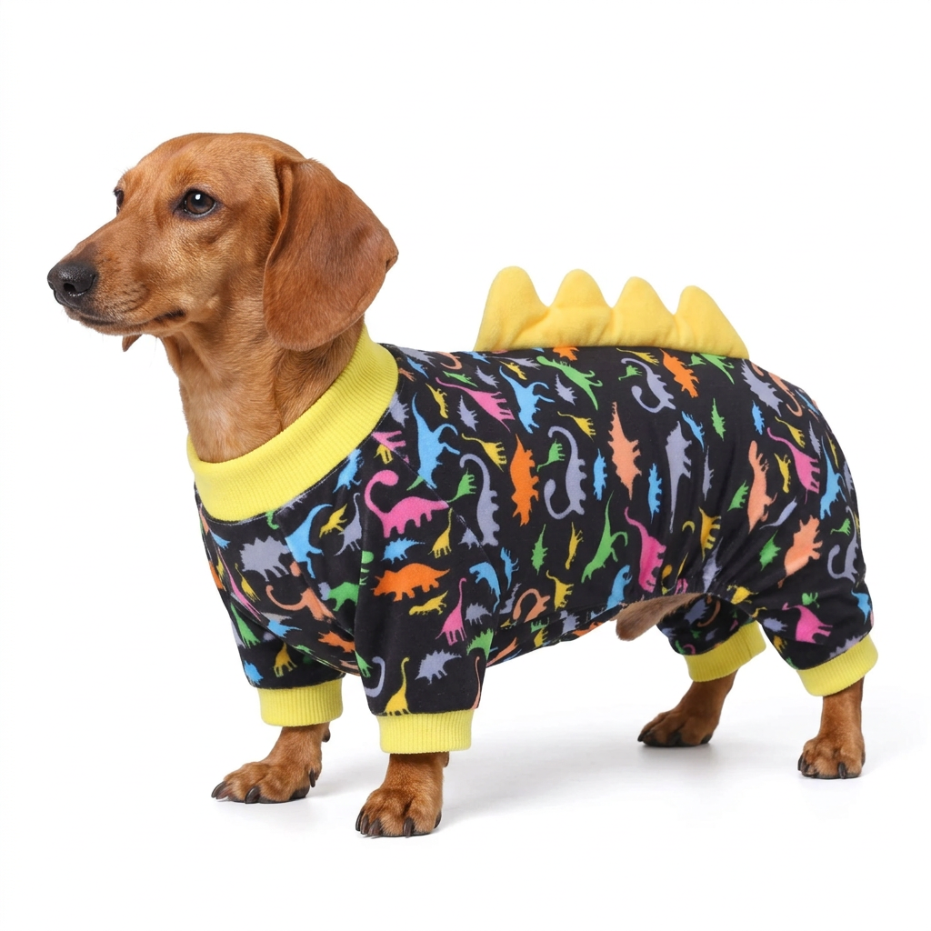 Dachshund wearing black dinosaur spike dog pajamas
