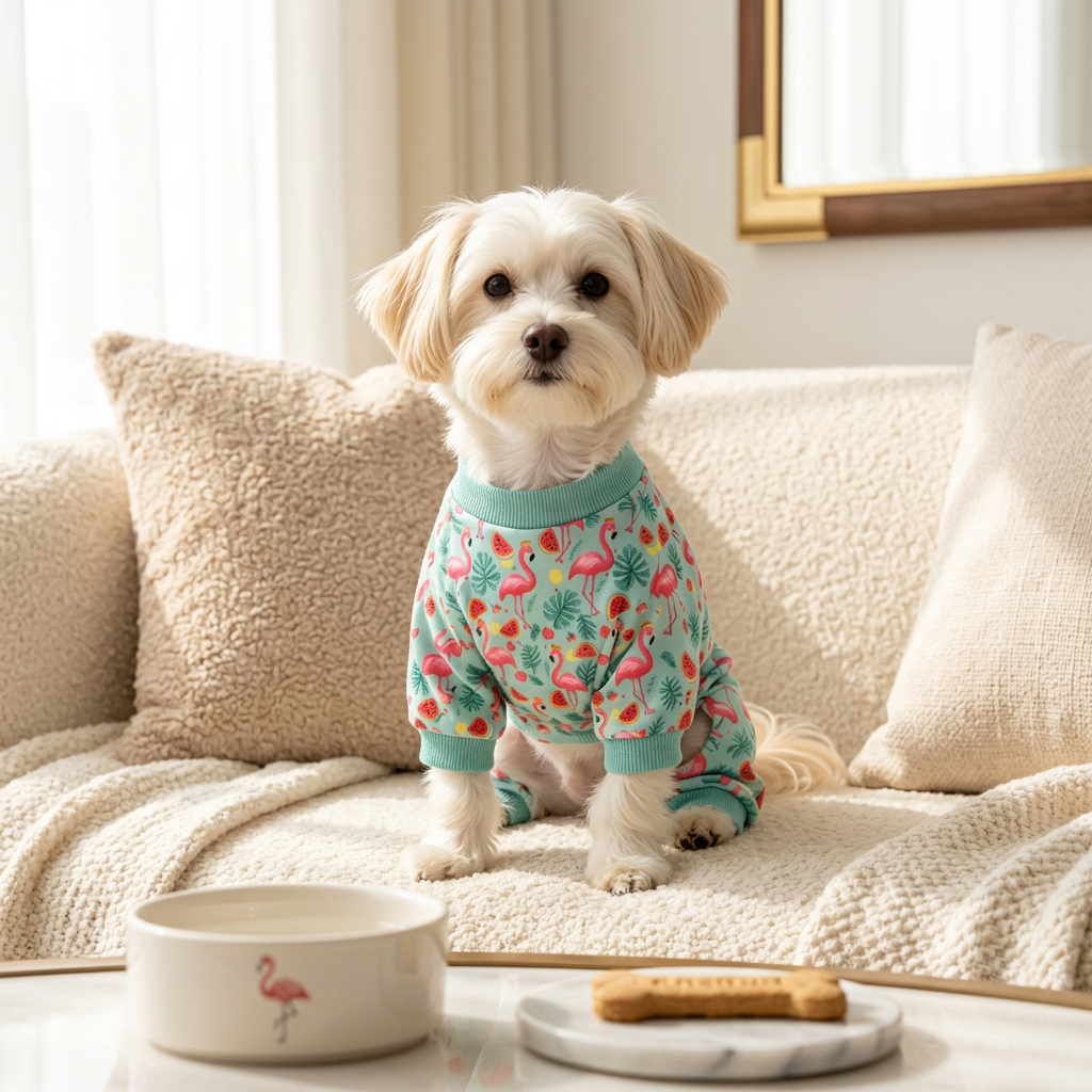 AI-generated white dog modeling cyan flamingo pet pajamas