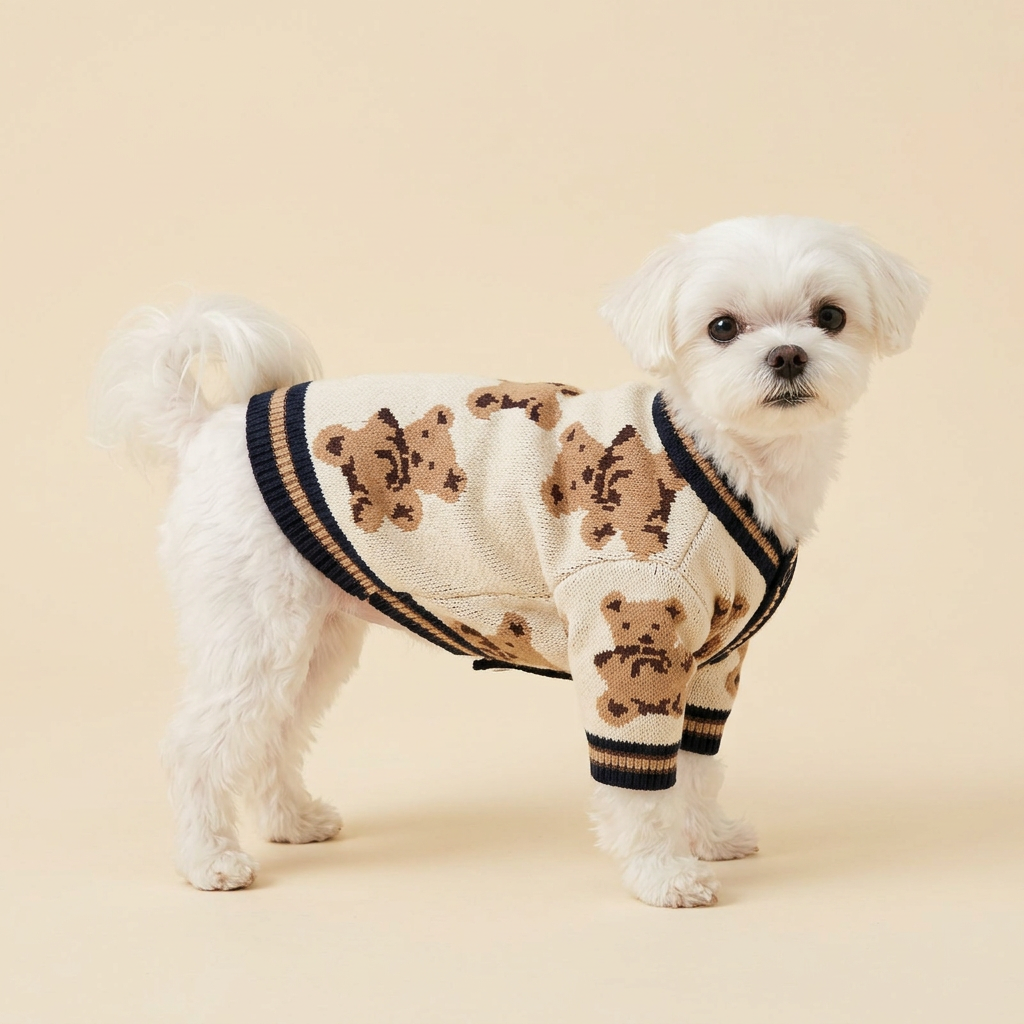 AI-generated Maltese wearing Beige Brown Teddy Knit Cardigan