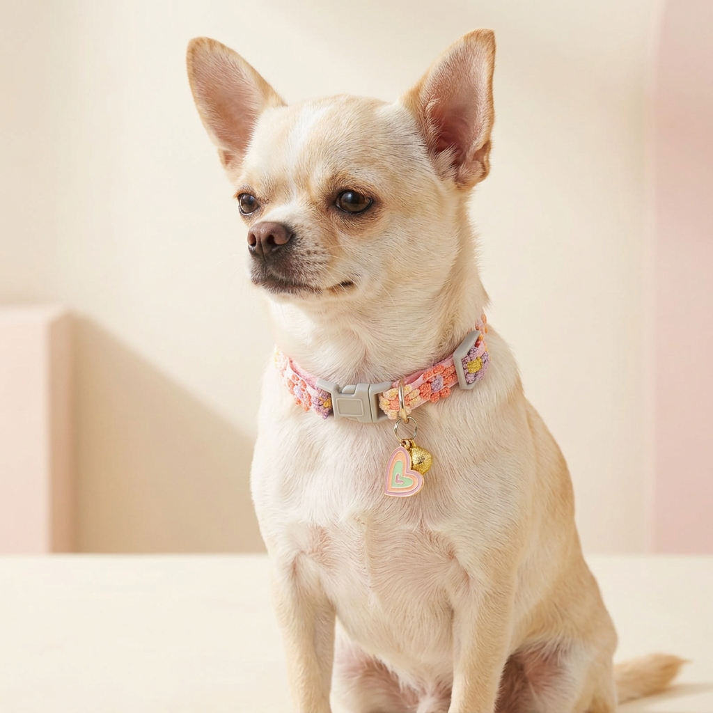 Chihuahua wearing the Blossom floral collar with Heart Charm